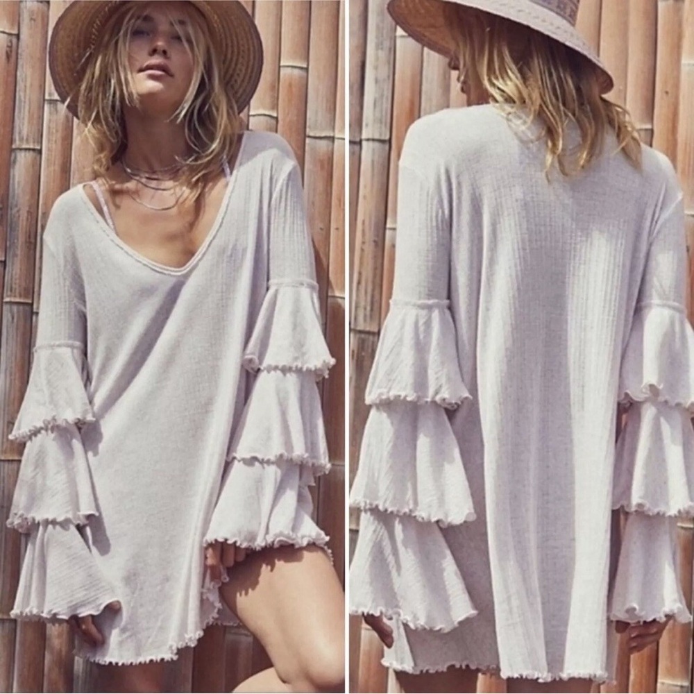 Free People Beach Seashore Tiered Ruffle Sleeve Boho  Mini Dress Tunic XS